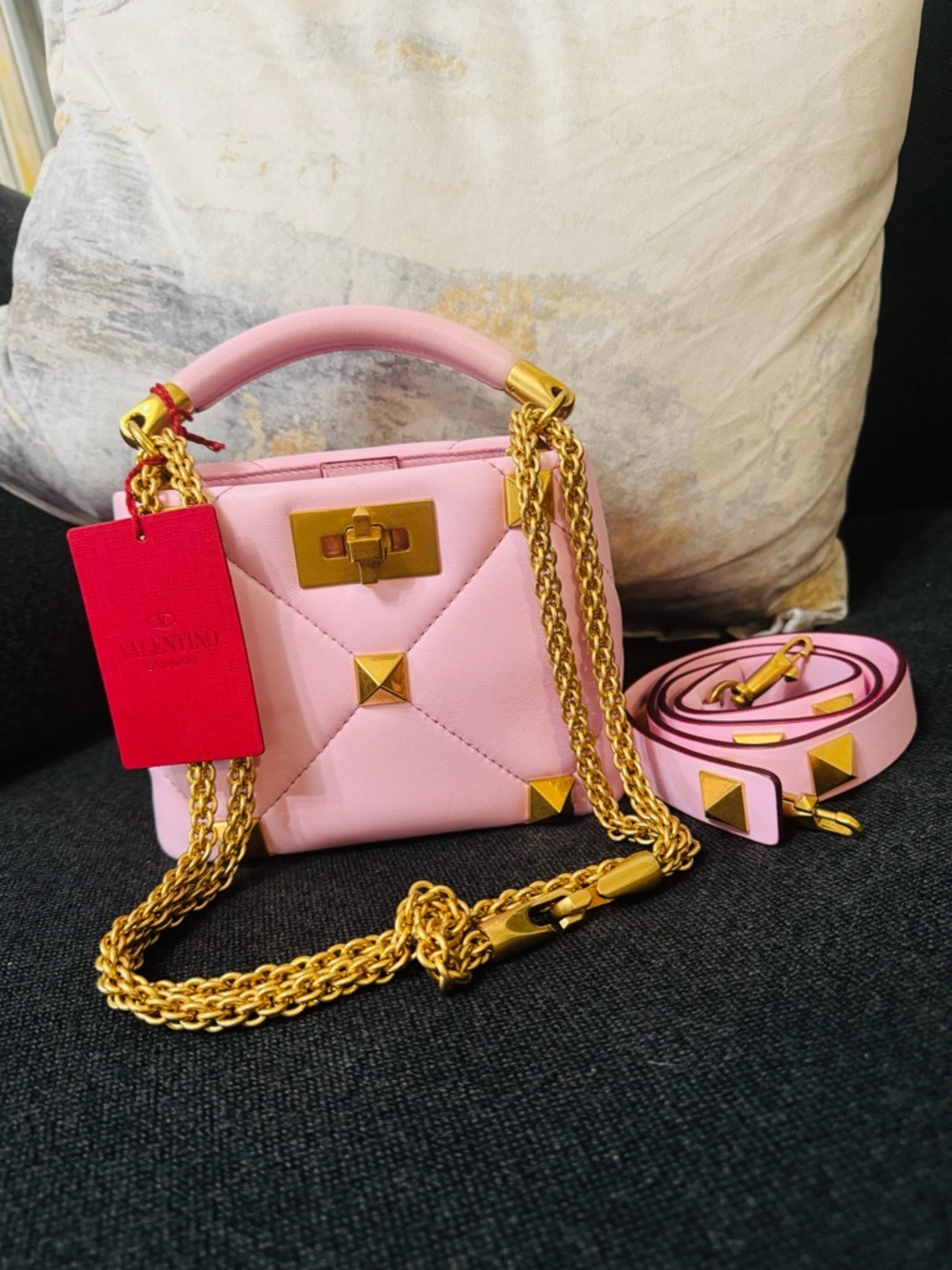 Valentino Pink Quilted Top-Handle Crossbody Bag with Gold Hardware